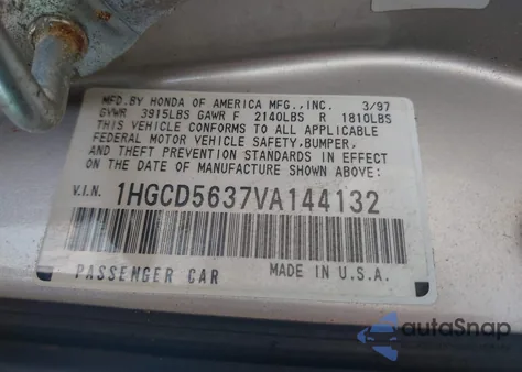 1997 Honda Accord Lx из США, поврежденный, VIN 1HGCD5637VA144132